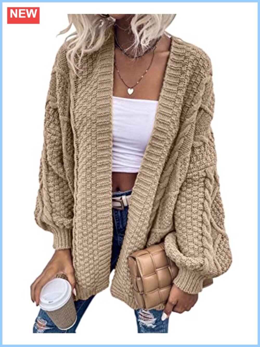 Oversized Cable Knit Lantern Sleeve Cardigan Open Front Loose Knitted Sweater
